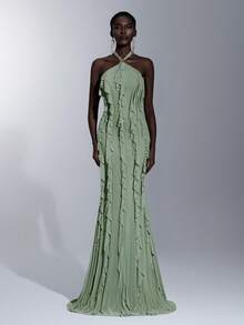 Elitara Elegant Green High-Stretch Knit Mesh Metal Decor Tie Neck Multilayer Ruffle Jellyfish Tail Evening Gown,Women's Dress For Wedding,Party & Vacation - Grass Green - View 3