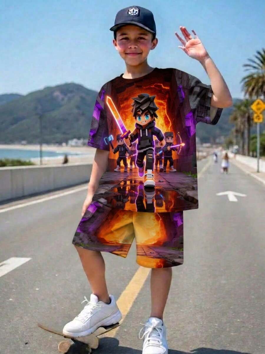 青少年男童休闲舒适简约圆领短袖T恤和短裤套装 - 彩色 - 查看 1