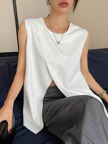 DAZY Women's Solid Color Crew Neck Slit Hem Casual Business Tank Top - White - View 7