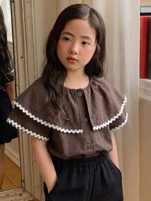 DAZY Young Girls Contrast Color Ruffle Trim Casual Korean Style Short Sleeve Blouse, Spring/Summer - Coffee Brown - View 7