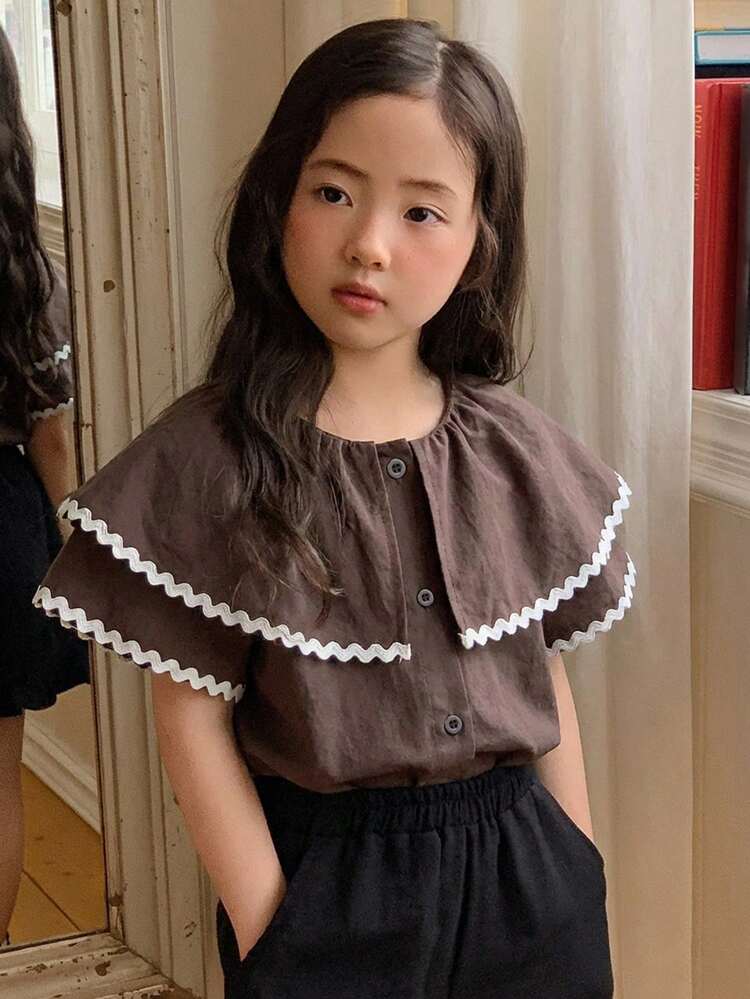Girls (Small) Contrast Color Ruffle Trim Casual Korean Style Short Sleeve Blouse, Spring/Summer