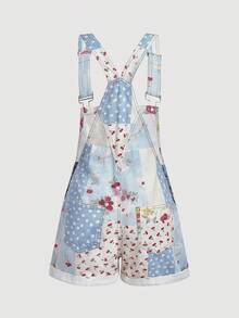 Sweetra Summer Casual Patchwork Print Denim Bib Pants - Multicolor - View 2