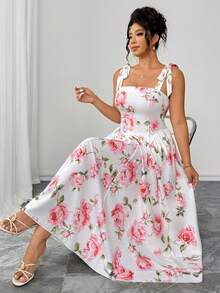 SHEIN Clasi Plus Size Women's Elegant French Rose Print Tie Strap Dress, Summer - White - View 7
