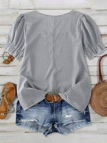 SHEIN LUNE Plus Size Women Plaid Square Collar Short Puff Sleeve Casual Shirt - Black and White - View 2