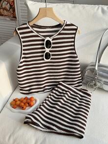Comfortcana Plus Size Women Striped Round Neck Top And Shorts Casual Daily Outfit - Brown - View 6