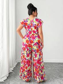 Elenzga Plus Size Women's Elegant Casual Beach Holiday Minimalist V-Neck Ruffle Sleeve Cinched Waist Slimming Long Printed Jumpsuit - Multicolor - View 2