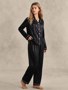 EverLounge Contrast Piping Satin PJ Set / Pajama Set, Fall Winter Clothes Cozy And Elegant Details - Black - View 6