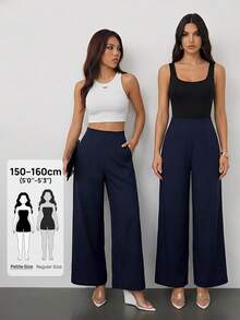 SHEIN PETITE Quần ống rộng họa tiết cạp cao đơn giản thường ngày cho mùa tựu trường của phụ nữ Old Money Commuting - Màu xanh hải quân - Xem 2
