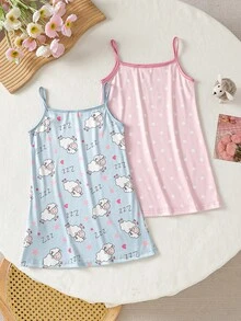 Young Girls' White & Pink Cute Rabbit Print Knit Camisole Dress 2 Pieces Pajama Set - Multicolor - View 2