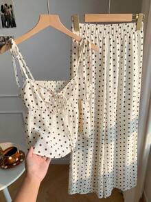 Conjunto de 2 piezas de camiseta de tirantes y pantalones con estampado de lunares, estilo casual de primavera para mujer. Conjunto de 2 piezas de lunares lindo para verano - Amarillo claro - Ver 4