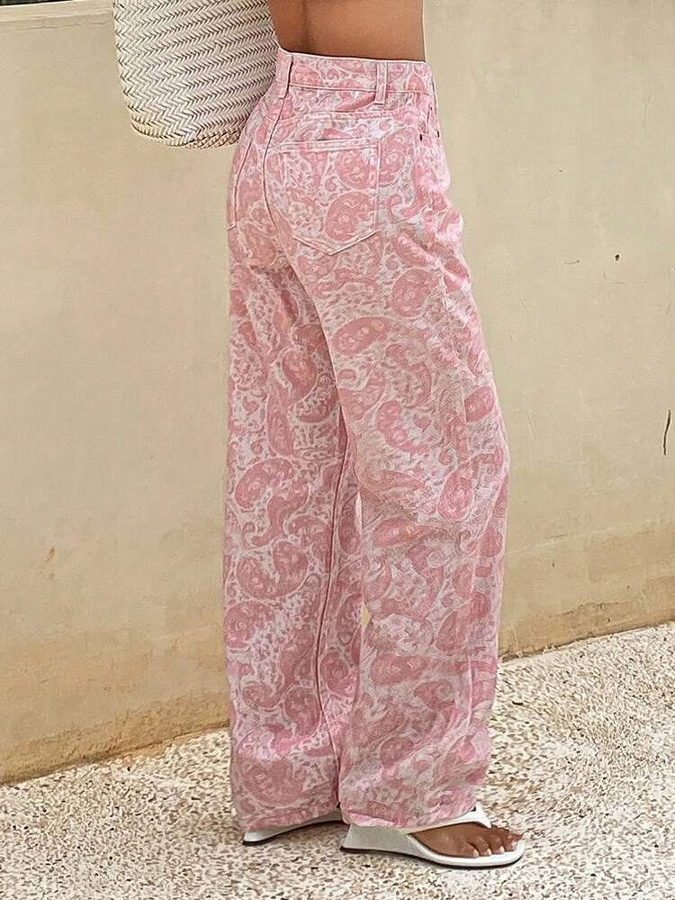 Women's Casual Everyday Pocketed Button-Up Allover Print Denim Jeans