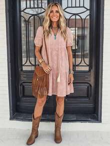 LanaWest Women's Casual Chiffon Jacquard Tassel Pendant Dress With Ruffle Hem, Suitable For Daily, Vacation And Dates - Pink - View 5
