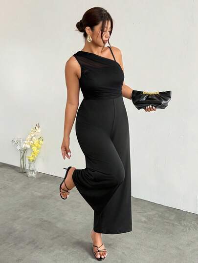 Firerie Plus Size Women's Solid Color Asymmetrical Shoulder Ruched Wide Leg Jumpsuit