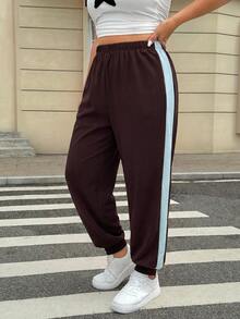 SHEIN EZwear Quần jogger thể thao phối màu, cạp chun co giãn dành cho nữ, phù hợp cho mùa tốt nghiệp, mùa tựu trường và cho giáo viên. - màu nâu - Xem 6
