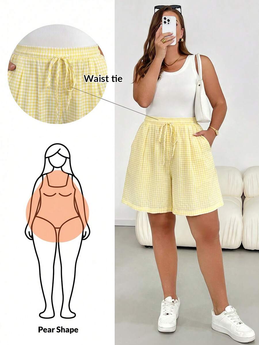 Shapeblank Pantalones/Culotes/Faldas de talle elástico con estampado de cuadros amarillo claro, de corte holgado y cómodo, para uso diario y versátil, para mujeres de talla grande, para primavera/verano. Pantalones cortos de verano, pantalones holgados, conjuntos para salir, estilo sencillo, ropa de vacaciones - Amarillo claro - Ver 1