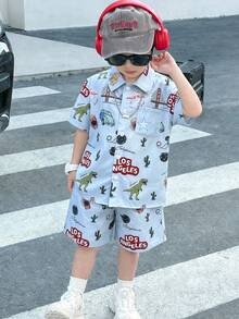 Bộ 2 món kiểu Hàn Quốc dễ thương dành cho bé trai, gồm áo khoác cardigan cổ polo tay ngắn và quần short màu trơn, họa tiết hoạt hình, thích hợp cho dã ngoại, đi học, mùa xuân/hè. - Màu xanh lam - Xem 4