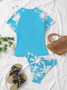 SHEIN Teen Girls Black & Colorblock Palm Tree Pattern Modest Bikini Set, Short Sleeve Top And Bottoms, Suitable For Vacation, Beach, Swimming - Blue - View 2