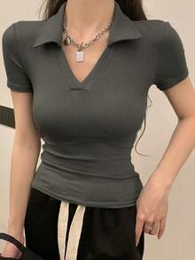 DAZY Women's Slim Fit Short Sleeve Polo Shirt, Solid Color Summer - Olive Green - View 5