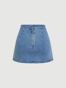 Sweetra Chân váy denim ngắn xẻ tà xếp ly mùa hè dành cho nữ - Màu xanh lam - Xem 2