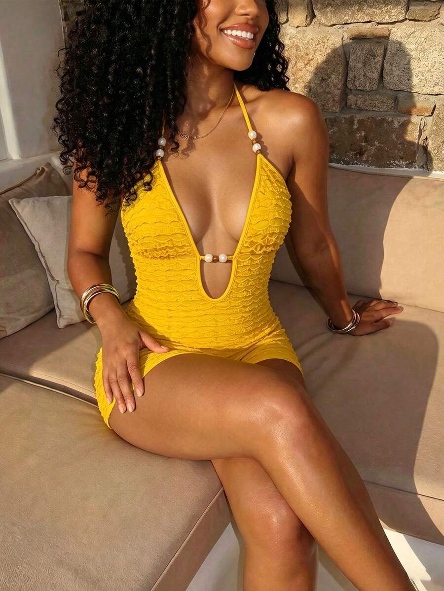 Mistrie Women's Textured Beaded Halter Neck Tie Romper Vacation Beach Yellow Summer Tropical Sexy - Yellow - View 1