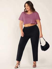 SHEIN BASICS Plus Size Women V-Neck Solid Color Casual Versatile Daily T-Shirt Stay At Home Dusty Pink Summer Tops - Pink - View 4