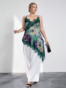 SHEIN Clasi 大码女式蕾丝拼接休闲百搭日常吊带背心 - 綠色 - 查看 5