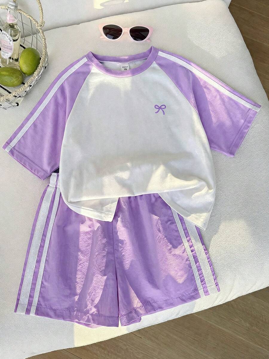 Elladie kids Bộ trang phục thường ngày cho bé gái: Áo thun tay ngắn raglan in hình nơ và quần short. - Màu tím - Xem 1