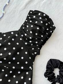 SHEIN 适合少女日常穿着的休闲舒适波点背包衬衫 - 黑色 - 查看 4
