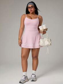 Rhythm Era Rhythm Era Plus-Size Adjustable Strap Color Block Short Jumpsuit Dress, Sports Outfit, Spring/Summer Athletic Dress Gym Women Outfit - Pink - View 4