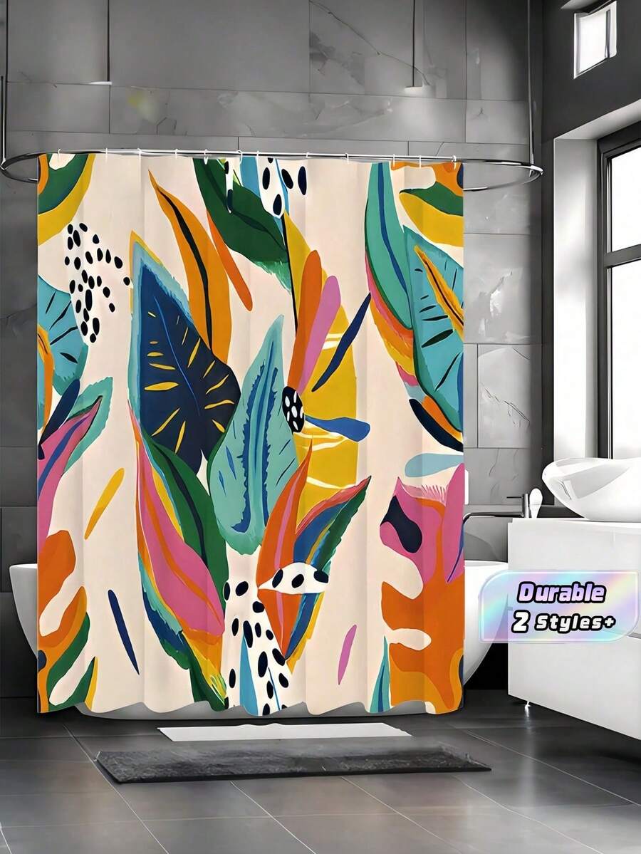 1pc [Vibrant Shower Curtain] Tropical Leaf Print Non-Light-Blocking Shower Curtain | Colorful Retro Design With 12 Hooks, Machine Washable Polyester | Yellow Blue Pink Green Pattern For Bathroom Decor, Shower Curtain For Bathrooms - Multicolor - View 1