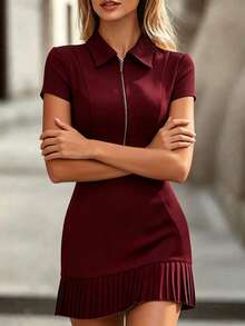 SHEIN 2026 New Spring Blue Dress, Collared Zip Front Short Sleeve, Waist Cinched Pleated Commuter Dress - Burgundy - View 5
