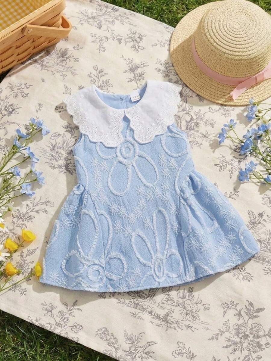 Souflis Souflis Vestido azul sin mangas con cuello de Peter Pan y adorno de encaje, estilo princesa dulce para niñas bebé, verano - Azul - Ver 1