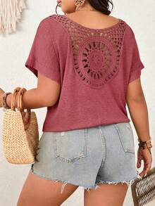 SHEIN Frenchy Plus Size Women's V-Neck T-Shirt With Lace Sunflower Patchwork Back - Watermelon Pink - View 1