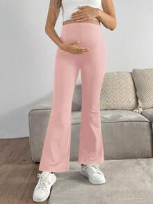 GentleRue Maternity 孕婦粉色純色可調腰側開衩休閒喇叭褲，適合女性夏季度假、海灘假期 - 藕粉色 - 查看 7