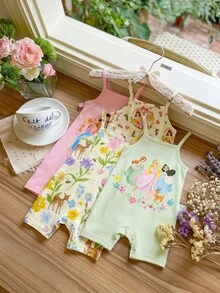 SHEIN LMoss Kids 【随机4件，送1件】女婴可爱公主风印花图案，小鹿，复古花朵，压花，波西米亚野花，植物，复古植物，粉彩花卉自然风，园艺爱好者礼物，休闲舒适，婴幼儿图案，女婴休闲吊带连体衣，适合春夏穿着，可爱夏季服装，夏季儿童用品，夏季外出用品，韩版风格，轻松舒适，时尚童装，Y2K，卡哇伊，派对，日常，度假，可爱，舒适 - 彩色 - 查看 3