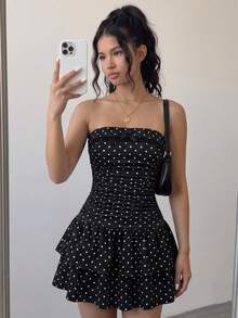 SHEIN 儿童/少女春夏法式时尚波点蕾丝荷叶边蝴蝶结设计办公室/休闲可爱甜美无肩带修身腰部层叠下摆黑色优雅连衣裙，女士连衣裙，少女短款休闲迷你连衣裙，秋冬打底衫 - 黑色 - 查看 9