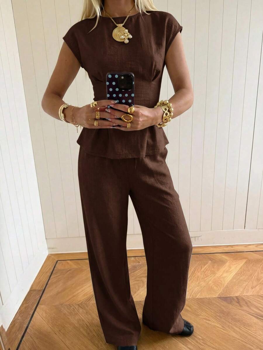 SHEIN EZwear 咖啡棕色通勤梭织上衣和裤子两件套 - 咖啡棕 - 查看 1