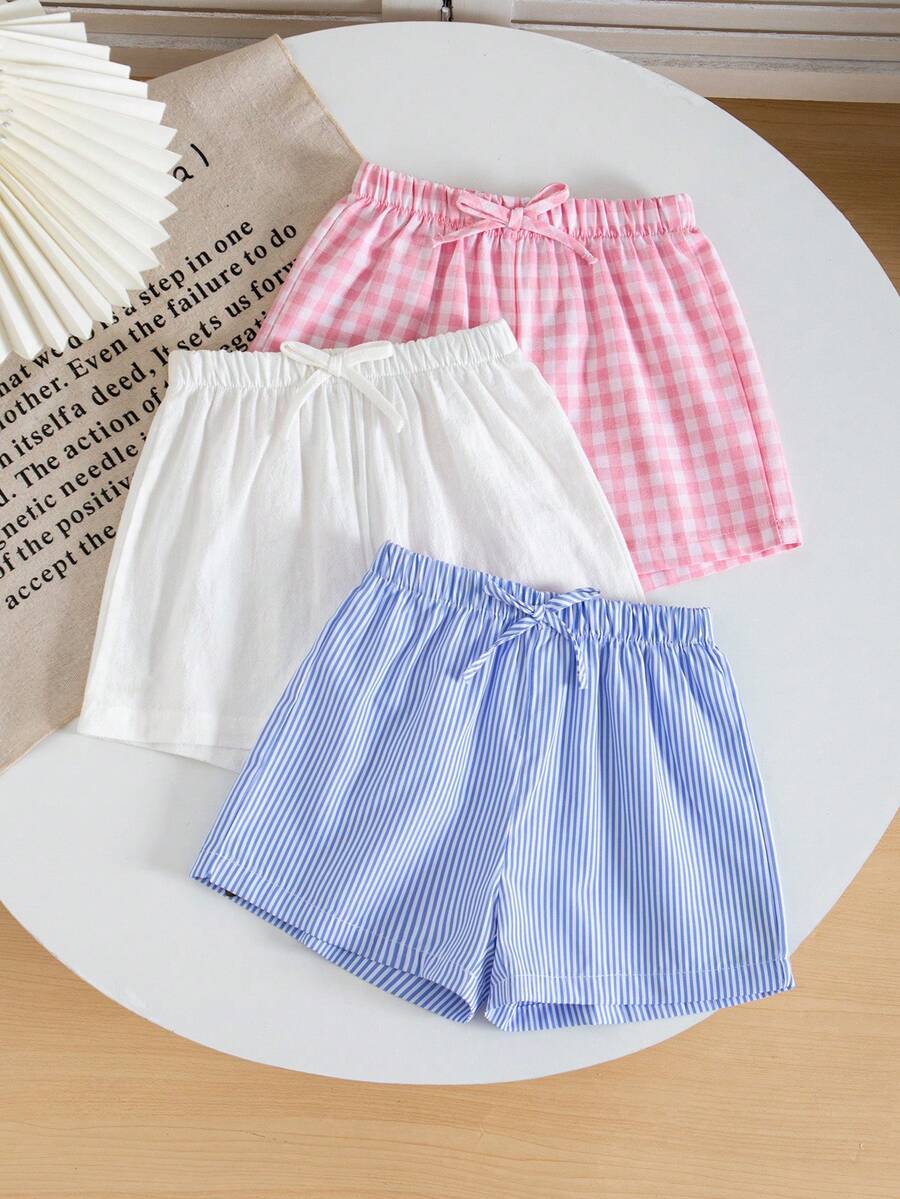 SHEIN 3件套少女梭织纯色条纹格子休闲短裤套装,三件套少女夏季短裤,少女服装,少女短裤,格子短裤,条纹短裤,柔软透气,少女弹力腰带短裤,夏季舒适日常穿着 - 彩色 - 查看 1