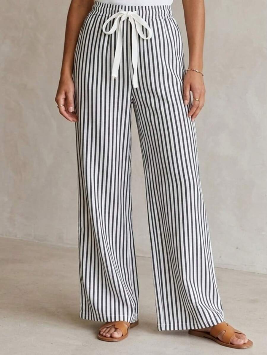 Palazzo Striped Pants With Elastic Waist - Blue - View 1