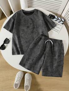 Vacaura 2pcs Teens Summer Streetwear Beach Back-To-School Minimalist High Street Solid Crew Neck Knit T-Shirt And Shorts Set,Comfortable Fashionable Outfit - Dark Grey - View 1