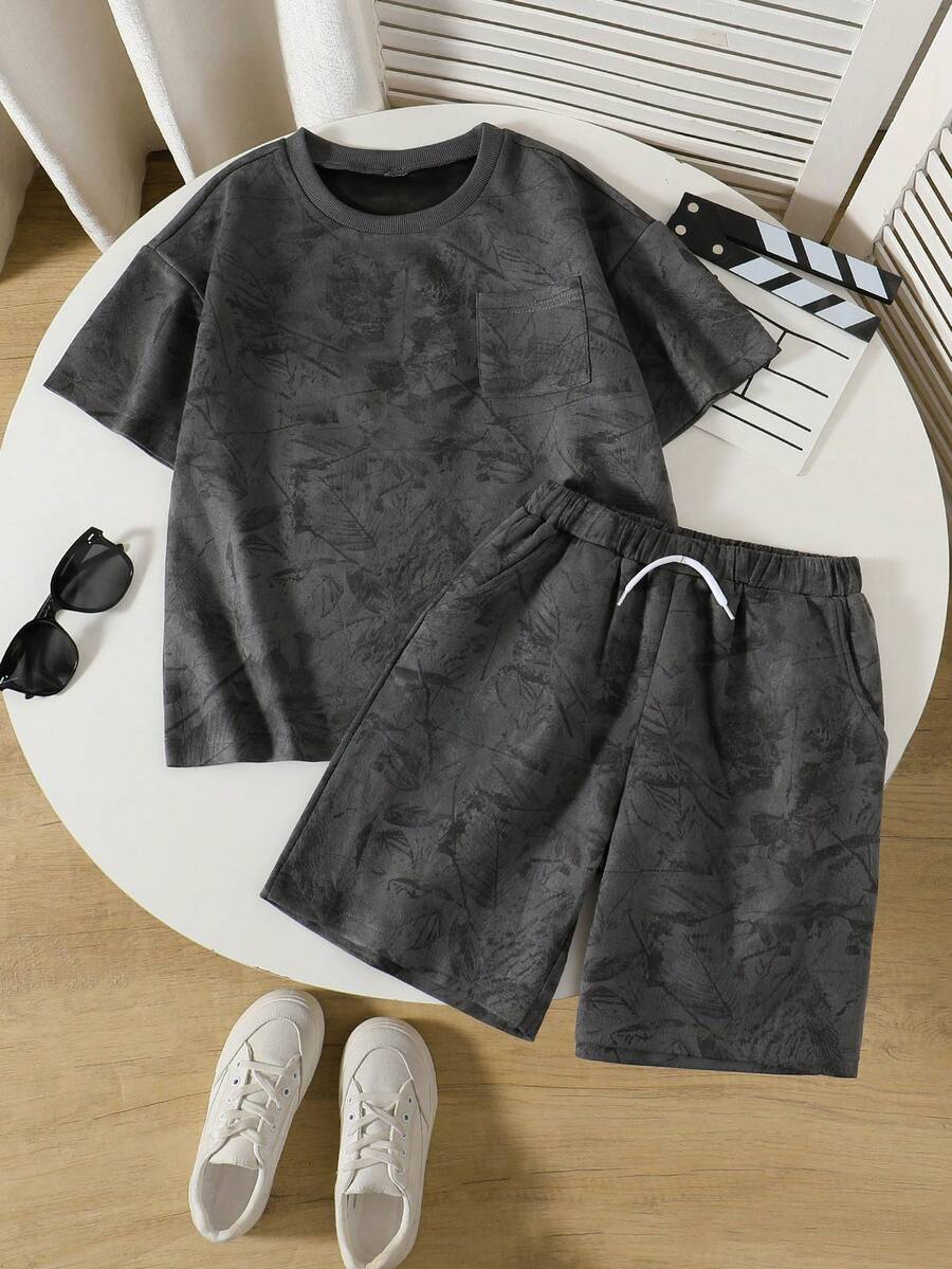Vacaura 2pcs Teens Summer Streetwear Beach Back-To-School Minimalist High Street Solid Crew Neck Knit T-Shirt And Shorts Set,Comfortable Fashionable Outfit - Dark Grey - View 1