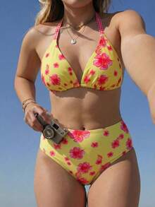 Swim Mod Plus Size Women 2pcs Floral Print Spaghetti Strap Sexy Beach Vacation Bikini Swimwear - Multicolor - View 6
