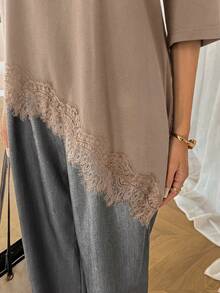 SHEIN LUNE 2件装女士休闲纯色不对称下摆蕾丝拼接T恤，春夏日常基本款 - 棕色 - 查看 8