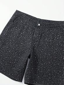 ROMWE MEN Street Life Pantalones cortos vaqueros casuales para hombres con bolsillo con aplicaciones de strass con estampado de leopardo - Multicolor - Ver 3
