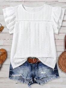 Mellowie Hollow Lace Textured Plus Size Blouse With Flared Sleeves - White - View 1