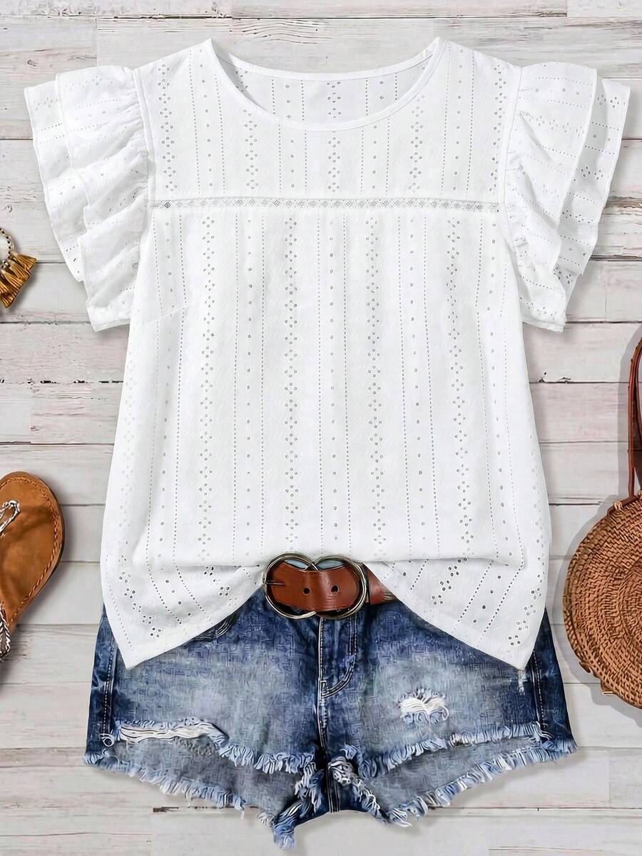 Mellowie Hollow Lace Textured Plus Size Blouse With Flared Sleeves - White - View 1