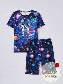 青少年男孩黑色極簡太空人與行星螢光印花短袖T恤與短褲2件式睡衣套裝 - 彩色 - 查看 3