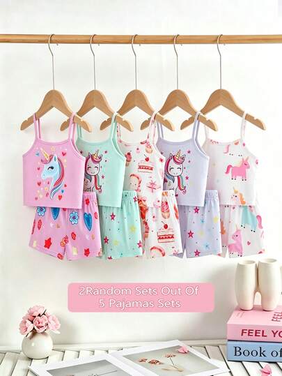 [5 bộ ngẫu nhiên, gửi 2 bộ] Bộ đồ ngủ áo hai dây và quần short in hình kỳ lân dễ thương dành cho bé gái