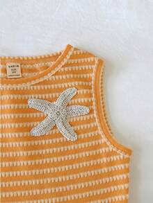 SHEIN 少女休闲舒适圆领无袖海星装饰条纹背心和短裤两件套 - 橘色 - 查看 5
