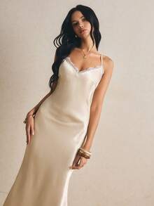 Poéselle Women's Solid Color Contrast Lace Elegant Maxi Slip Dress Day Party Cream Summer - Champagne - View 7